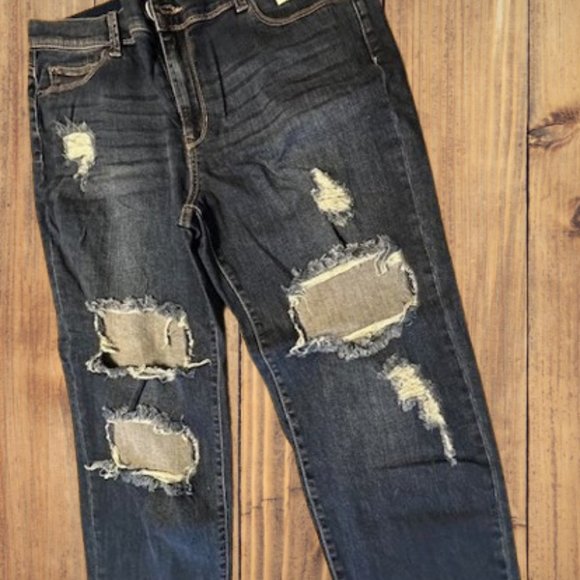 Sneak Peek Denim - High Rise Boyfriend Jeans with Knee Destruction  (2)